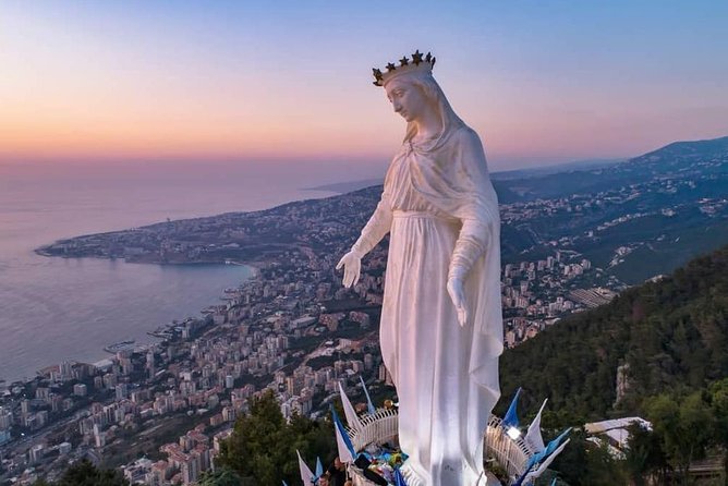 Private Full-Day Tour to Jeita Grotto, Harissa and Saint Charbel from Beirut - Harissa’s Virgin Mary statue and the view over Jounieh Bay